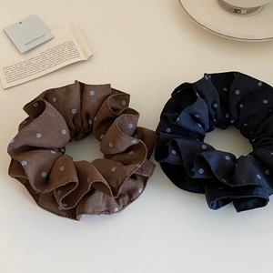Vintage oversized blue polka dot hair scrunchies in brown and navy pleated fabric
