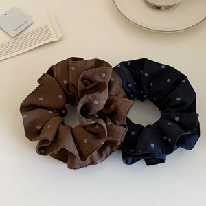 Set of retro blue polka dot hair scrunchies with pleated texture and high elastic bands