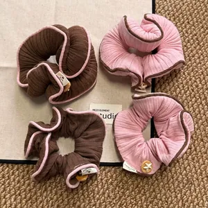 Koreanische Süsse Kontrastfarbene Haargummis Gerippter Stoff Wellenkante Elastische Haarbänder Mit Holzknopf Für Damen Schmuck