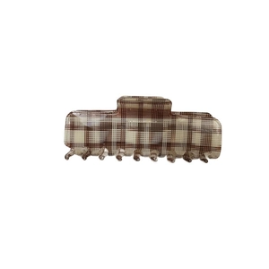 Elegant brown and beige checkered rectangular hair claw clip with glossy finish