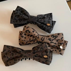 French Vintage Leopard Print Bow Hair Claw Clip Retro Cloth Fabric Banana Clip Elegant Ponytail Holder Hair Accessories For Women