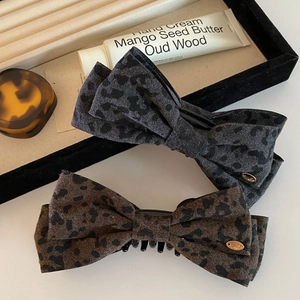 French vintage leopard print bow hair banana clips in grey and brown textile