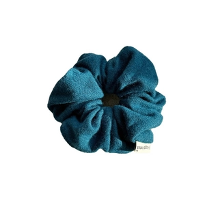 Elastic dark teal fabric scrunchie with Happiness woven label for elegant ponytails