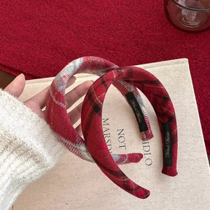 Set of two stylish red plaid tweed headbands with handmade labels for high top look