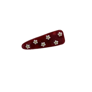 Elegante fermaglio per capelli bordeaux in acetato con fiori bianchi e perline d'oro