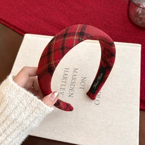 Red plaid headband with padded sponge design and handmade label for autumn fashion
