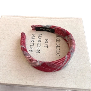 Classic red and grey plaid padded headband with vintage wool texture for women