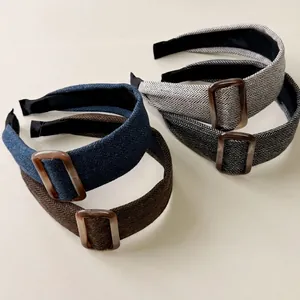 Set of minimalist wide headbands in denim blue, brown, and grey herringbone fabrics