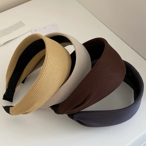 Solid color wide knit headbands in earth tones of beige, khaki, coffee, and grey blue