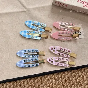 Vintage French Acetate Gingham Flower Rhinestone Hair Clip No Trace Bangs Duckbill Clip Sweet Fairy Hair Accessories For Women