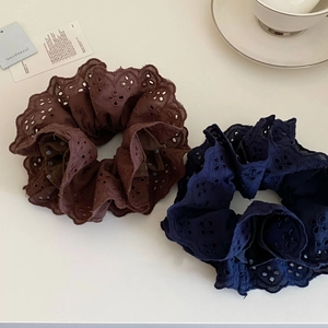Vintage double-layer lace polka dot scrunchie in coffee brown and navy blue colors