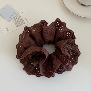 Vintage brown double-layer lace scrunchie with eyelet embroidery for elegant hairstyles
