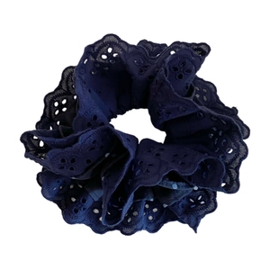 Navy blue eyelet lace scrunchie with retro double layer design for elegant hair styling