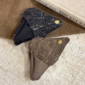 Knitted winter headbands in dark grey and coffee brown with golden metal buttons