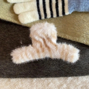 Plush striped shark hair claw clip in beige and brown faux fur for thick hair