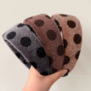 Retro Polka Dot Plush Wide Headband For Women Autumn Winter Thickened High Top Hair Hoop Soft Maillard Color Hair Accessories