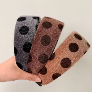 Retro plush polka dot headbands in dark grey, coffee, and camel colors for autumn and winter