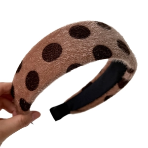Retro plush polka dot headband in brown earth tones for high cranial top look