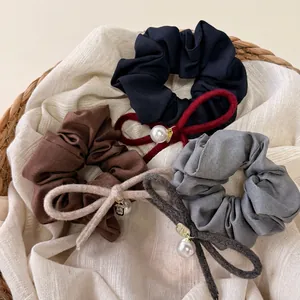 Scrunchie Semplice Con Fiocco In Raso Stile Coreano Elegante Elastico Per Capelli Versatile Con Perla Artificial Per Donna