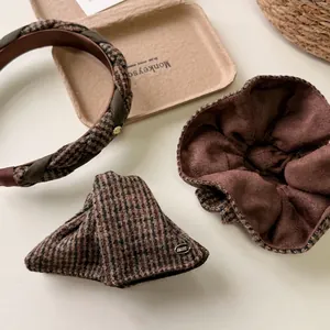 Vintage wool blend hair accessory set including headband and bow clip in retro plaid patterns
