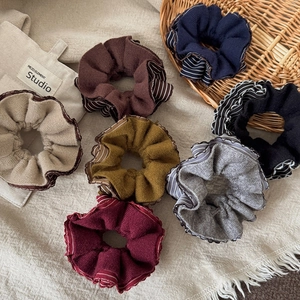 Korean Retro Knitted Striped Scrunchie Handmade Elastic Fabric Hair Band Lazy Style Autumn Winter Bun Rope Women Hair Accessory
