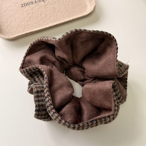 Retro plaid tweed and suede hair scrunchie in dark brown for elegant autumn hairstyles