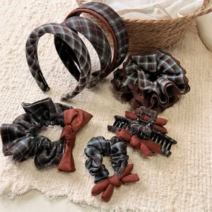 Vintage Preppy Style Plaid Scrunchies And Headbands For Women Fabric Checkered Bowknot Lace Hair Ties Headwear Accessories