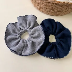 Oversized double-layer knitted scrunchie set in grey and navy with wavy edges