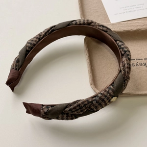 Vintage braided tweed headband with olive green fabric and gold metal charm detail