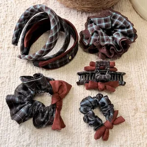 Vintage blue and brown plaid hair accessory set including scrunchies and headbands