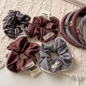 Chouchous en Dentelle à Carreaux et Pois Style Coréen Tissu Fait à la Main Élastiques à Cheveux Serre-têtes pour Femmes Filles Accessoires Cheveux