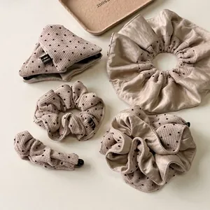 Korean Style Cream Apricot Polka Dot Hair Claw Triangle Shark Clip Knit Fabric Scrunchies Elegant Handmade Hair Accessories For Women