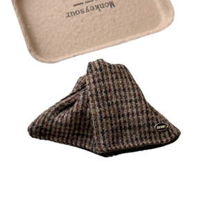 Vintage houndstooth plaid wool fabric claw clip with elegant oval metallic logo detail