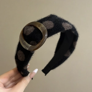 Polka dot wide headband for women featuring vintage acrylic ring and faux mink fur texture