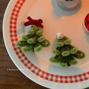Handgefertigt Weihnachtsbaum Haarspange Grün Plüsch Twist Stick Haarnadel Rot Schleife Weiß Künstliche Perle Damen Haarschmuck