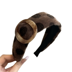 Brown faux fur wide headband with black polka dots and amber buckle for women