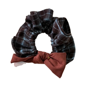 Retro blue plaid scrunchie with red bow and gold bead detail for stylish hairstyles