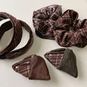 Vintage brown leather hair clip set with hairband and scrunchie for women's winter style