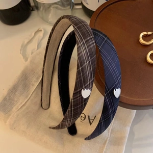 Vintage plaid headbands with silver heart accents in navy blue and dark grey tones