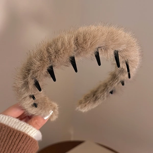 Serre-tête en fausse fourrure marron avec dents, accessoire cheveux d'hiver pour femmes