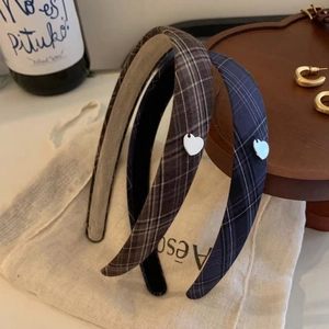 Vintage plaid headband set with silver heart charms in brown, grey and navy blue