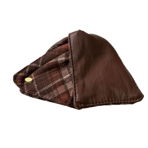 Brown leather and plaid patchwork shark hair claw clip with a gold Love metal tag