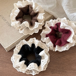 Women Knitted Lace Hair Scrunchie Vintage Floral Embroidery Elastic Hair Tie Elegant Headwear Dating Hair Accessories
