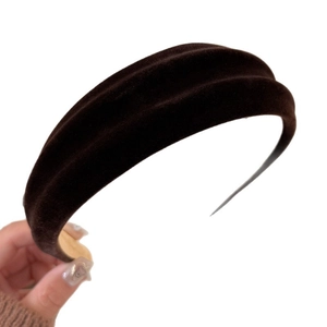 Maillard dark coffee velvet wide padded headband with elegant pleated vintage texture