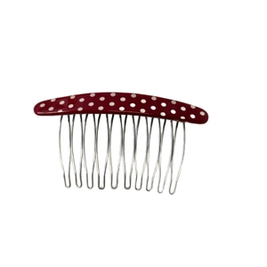 Polka dot red acetate hair comb with 12 silver metal teeth for elegant styling