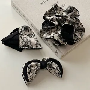French Vintage Black White Ink Print Hair Clips Elegant Toile De Jouy Scrunchie Bow Banana Clip Hair Claw Styling Tools For Women