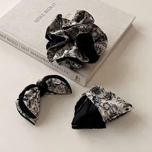 French vintage black and white ink print hair accessory set with ribbon bow and hair clips