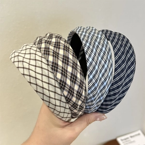 Vintage Plaid Wide Sponge Headband For Women Autumn Winter High Cranial Top Preppy Style Checkered Fabric Hair Accessory