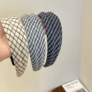 Three retro plaid hairbands in beige coffee, blue and navy patterns for women