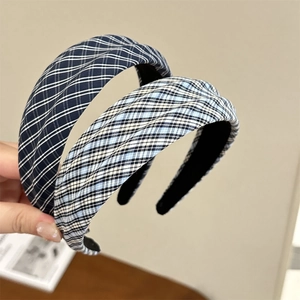 Vintage plaid and striped padded headbands set for women in classic navy blue and white